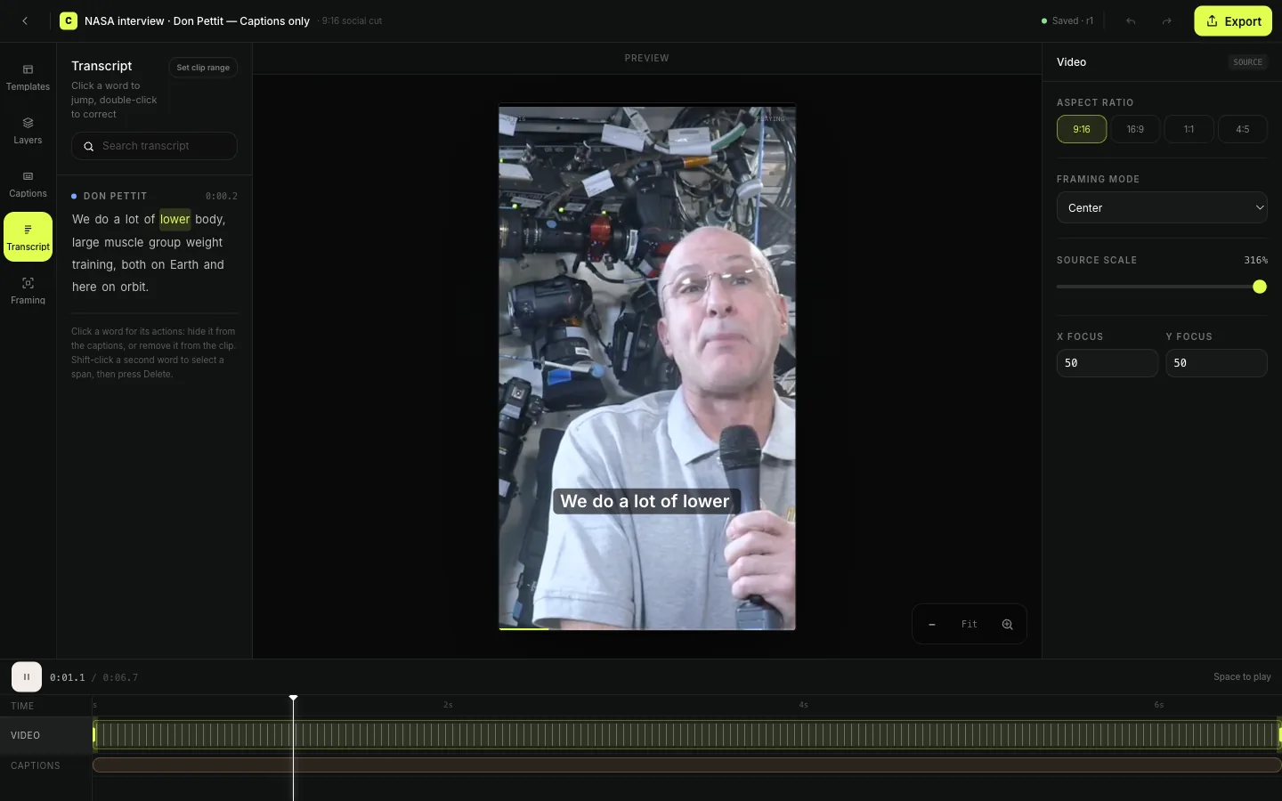 The actual Clyps editor showing the NASA transcript, vertical preview, caption inspector, and clip timeline
